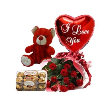 Ανθοδέσμη με Κόκκινα Τριαντάφυλλα, Λούτρινο Αρκουδάκι, Ferrero Roche και Μπαλόνι με Ήλίον